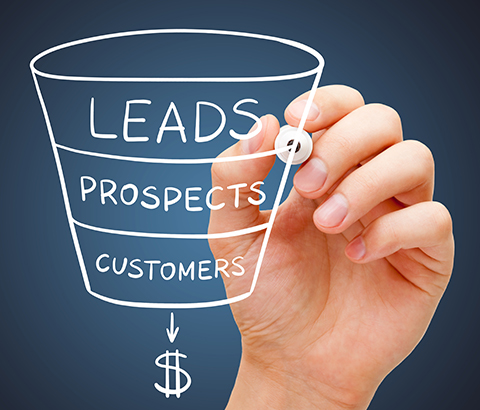 a person drawing on a transparent screen of a funnel diagram showing how leads lead to customers